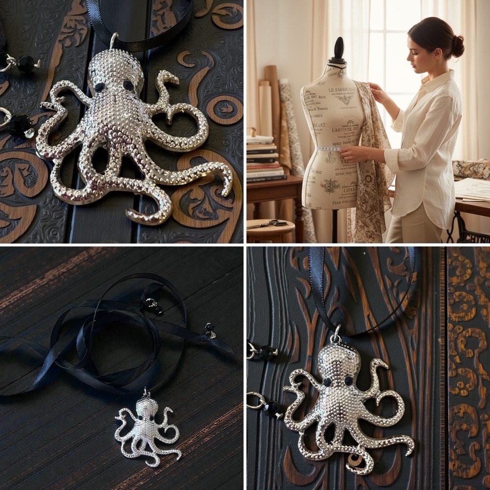 Shiny Silver Toned Octopus Pendant Choker Necklace - Picture 17 of 17